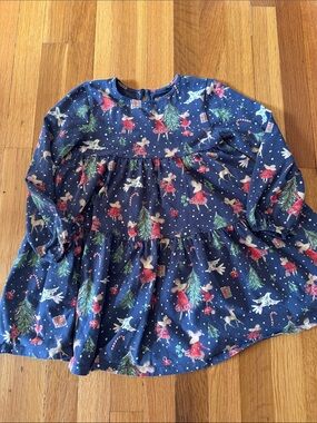NEXT UK Girls Navy Long-Sleeve Holiday Tiered Top - Festive Print